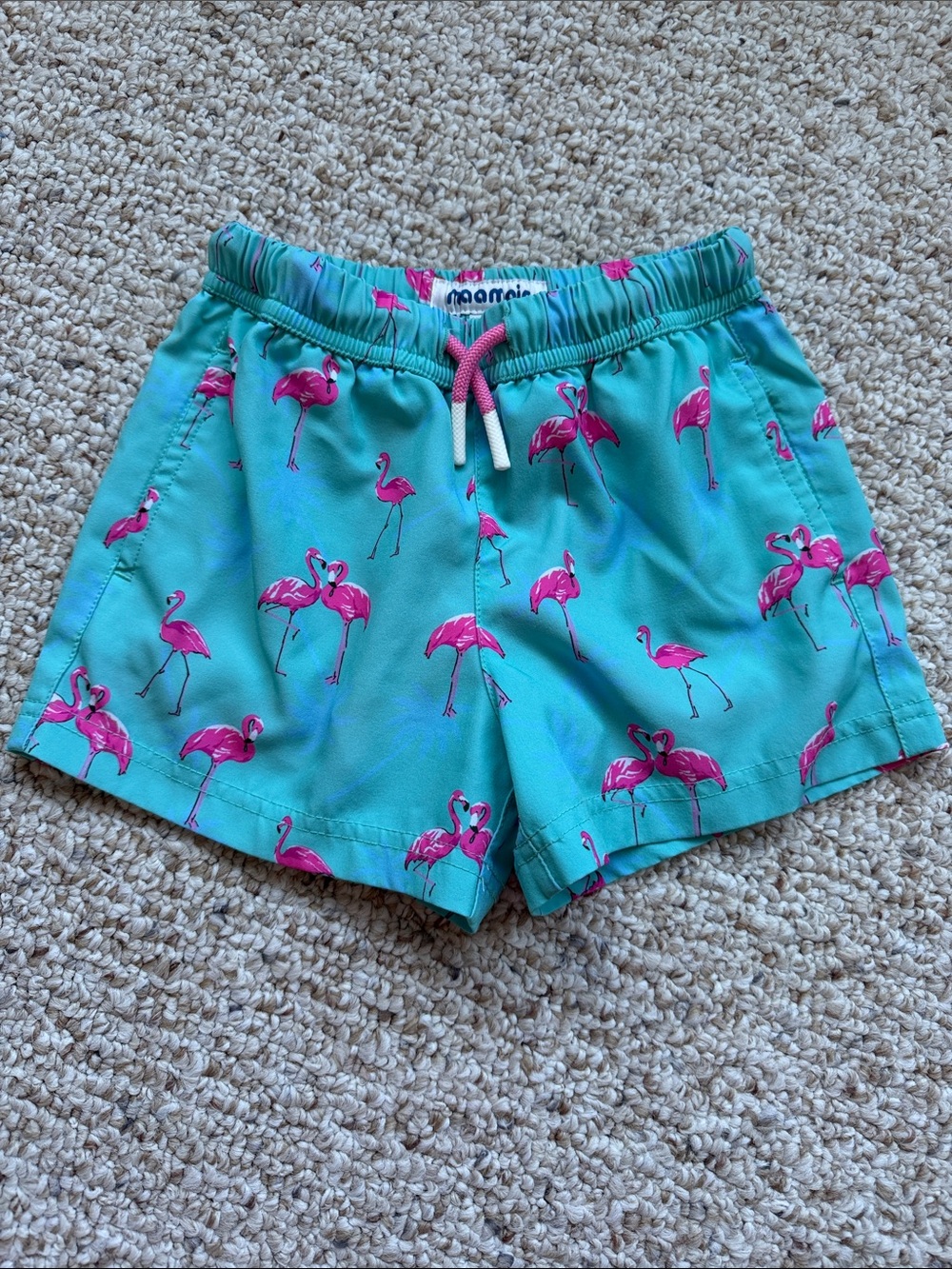 Maamgic Turquoise Swim Trunks with Pink Flamingo Print